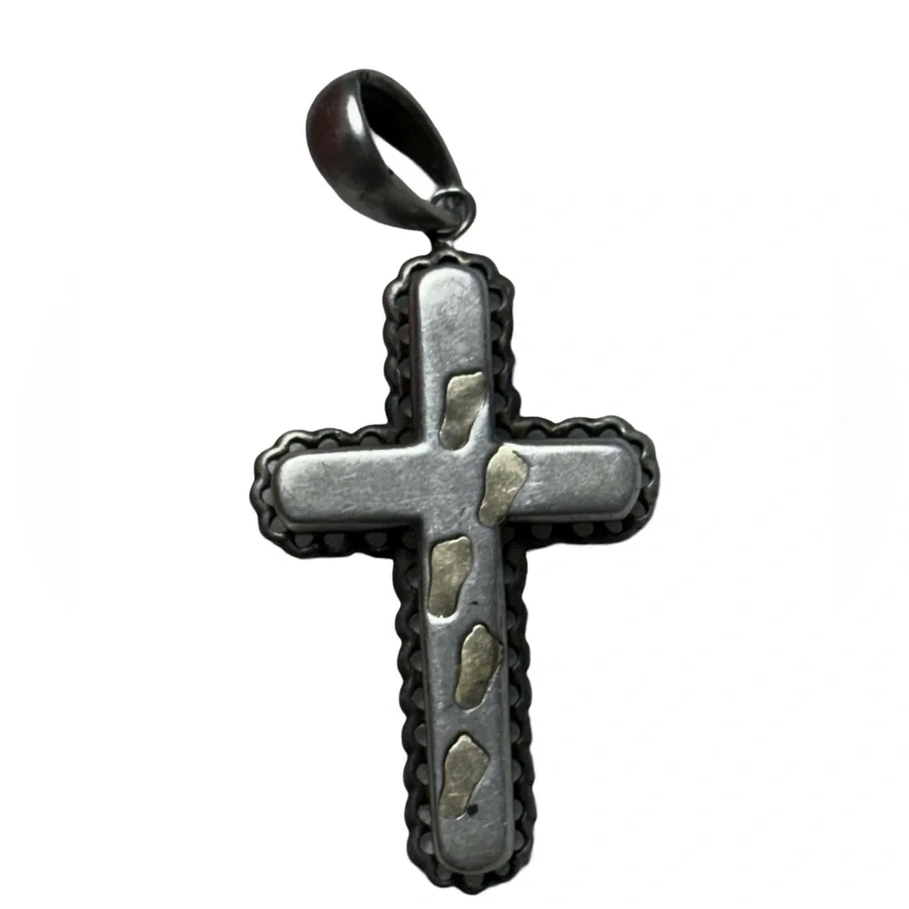 14k Gold & Sterling Silver JCM 3 Dimensional Footsteps Cross Religious Pendant
